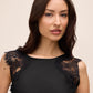 Black Satin Midi Dress with Illusion Lace Inserts - Woman Wearing Elegant Evening Dress - Le Chateau