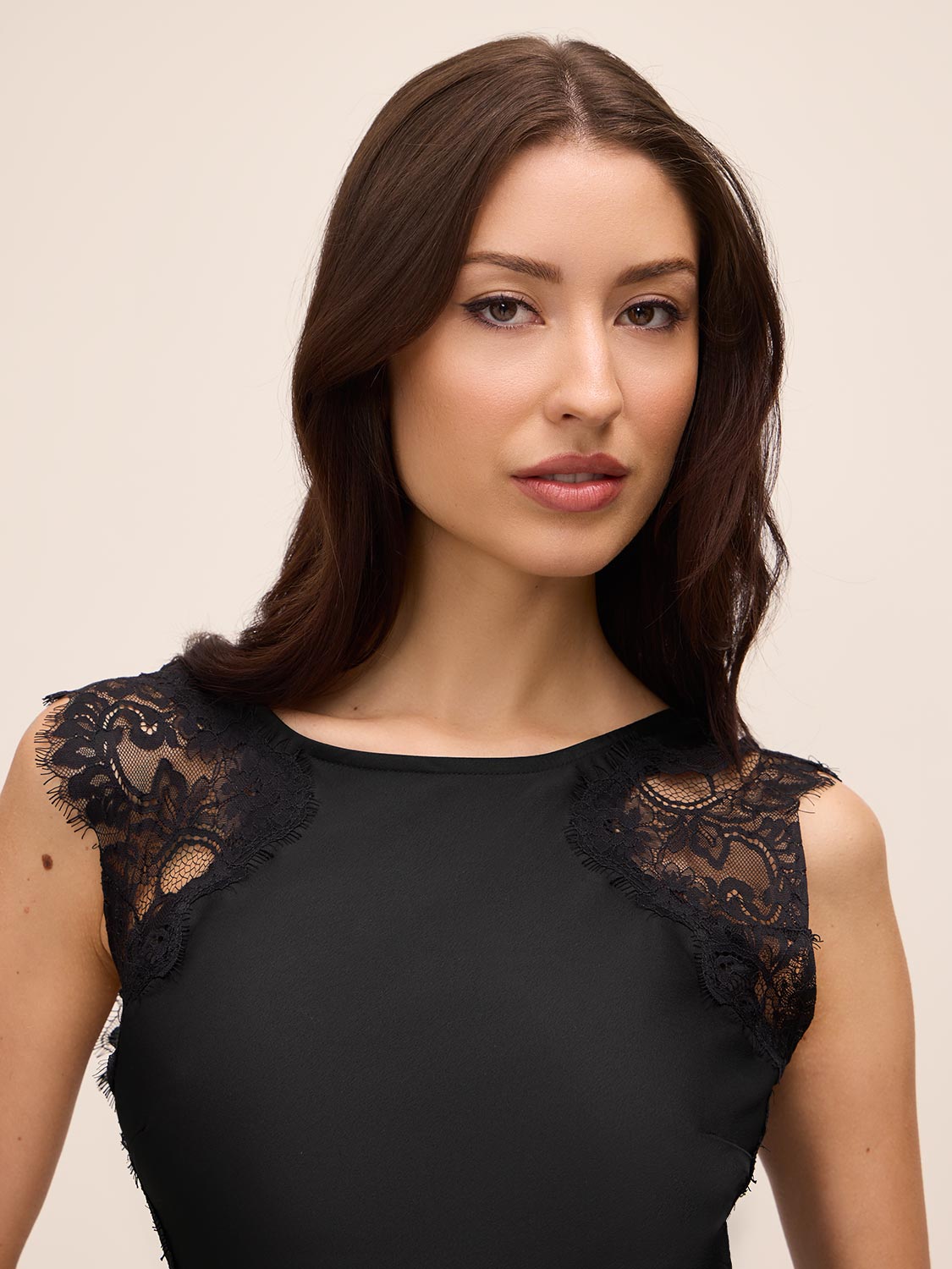 Black Satin Midi Dress with Illusion Lace Inserts - Woman Wearing Elegant Evening Dress - Le Chateau
