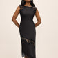 Black Satin Midi Dress with Illusion Lace Inserts - Woman Wearing Elegant Evening Dress - Le Chateau