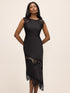 Black Satin Midi Dress with Illusion Lace Inserts - Woman Wearing Elegant Evening Dress - Le Chateau