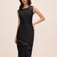 Black Satin Midi Dress with Illusion Lace Inserts - Woman Wearing Elegant Evening Dress - Le Chateau