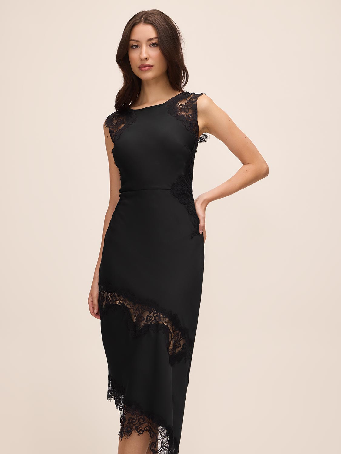 Black Satin Midi Dress with Illusion Lace Inserts - Woman Wearing Elegant Evening Dress - Le Chateau
