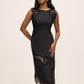 Black Satin Midi Dress with Illusion Lace Inserts - Woman Wearing Elegant Evening Dress - Le Chateau