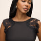 Black Satin Midi Dress with Illusion Lace Inserts - Woman Wearing Elegant Evening Dress - Le Chateau