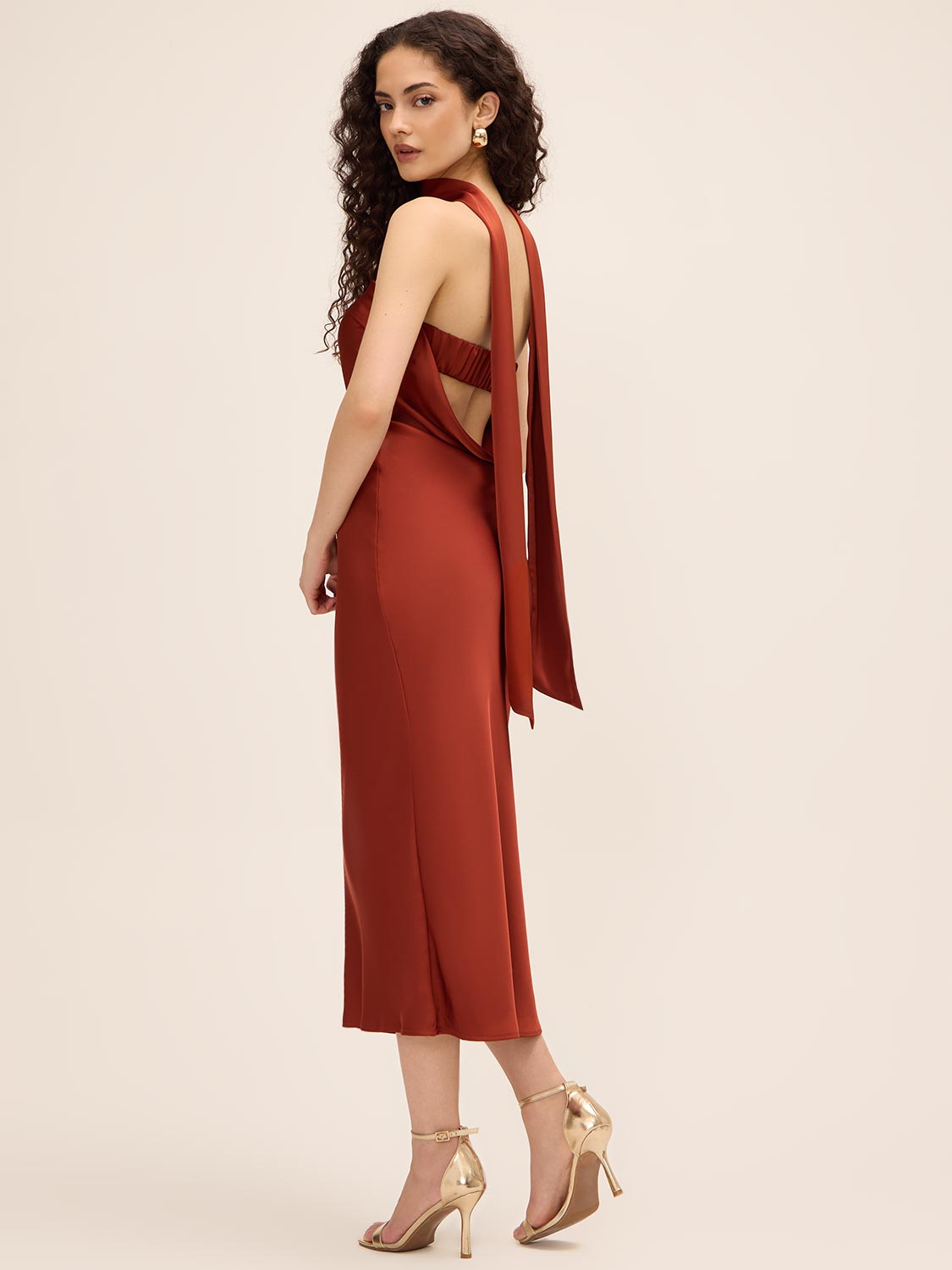 Rust Strapless Satin Midi Dress with Cowl Back - Woman Wearing Elegant Evening Dress - Le Chateau