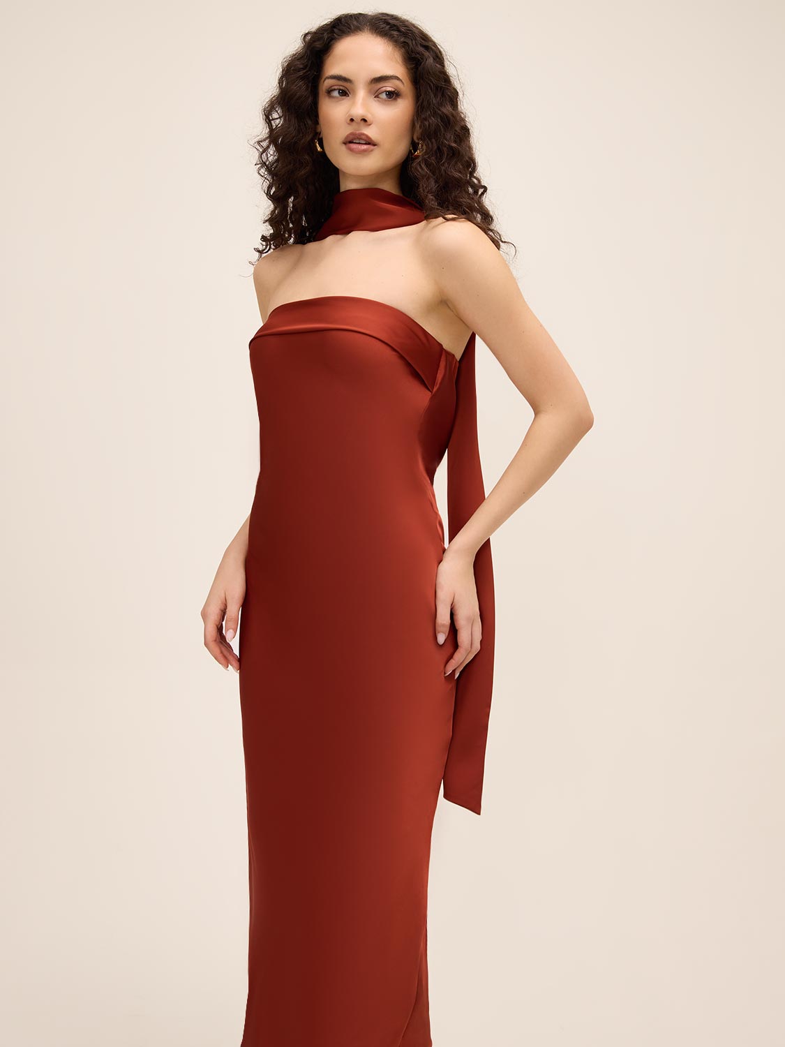 Rust Strapless Satin Midi Dress with Cowl Back - Woman Wearing Elegant Evening Dress - Le Chateau