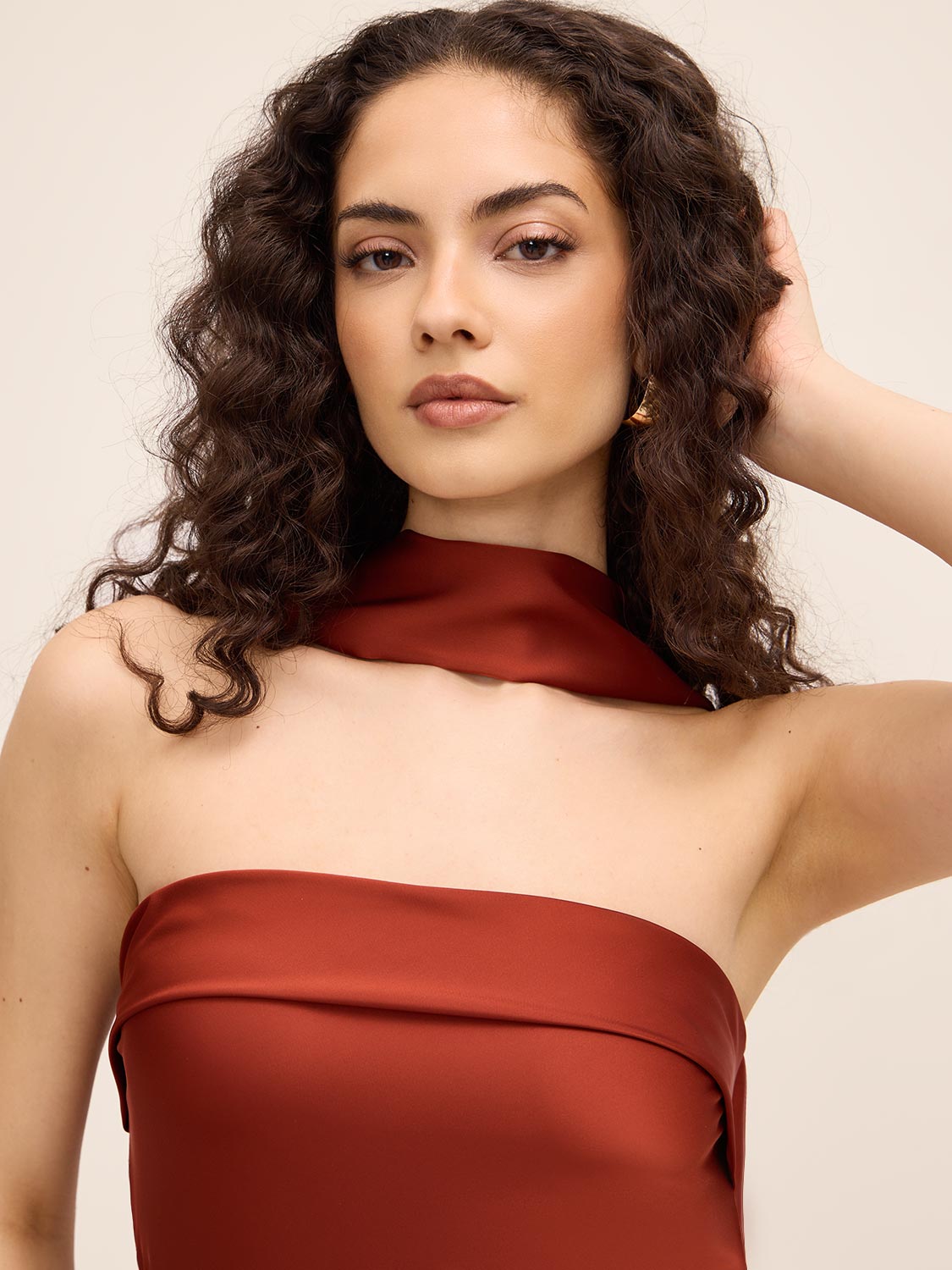 Rust Strapless Satin Midi Dress with Cowl Back - Woman Wearing Elegant Evening Dress - Le Chateau
