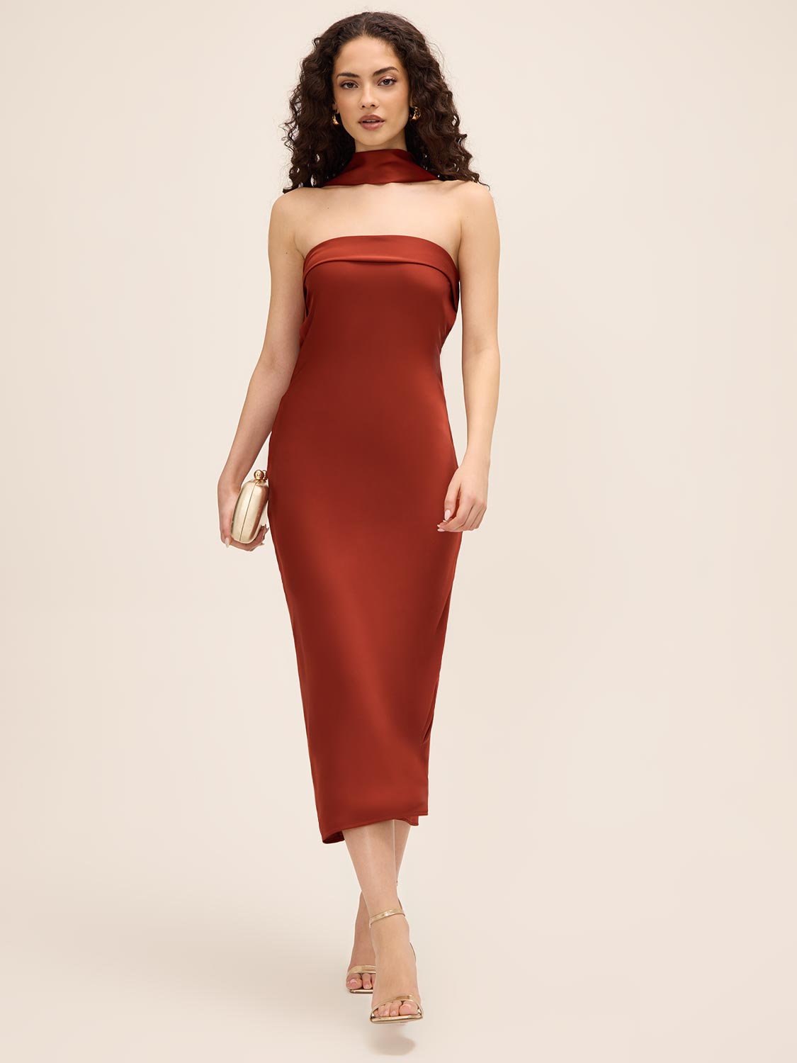 Rust Strapless Satin Midi Dress with Cowl Back - Woman Wearing Elegant Evening Dress - Le Chateau