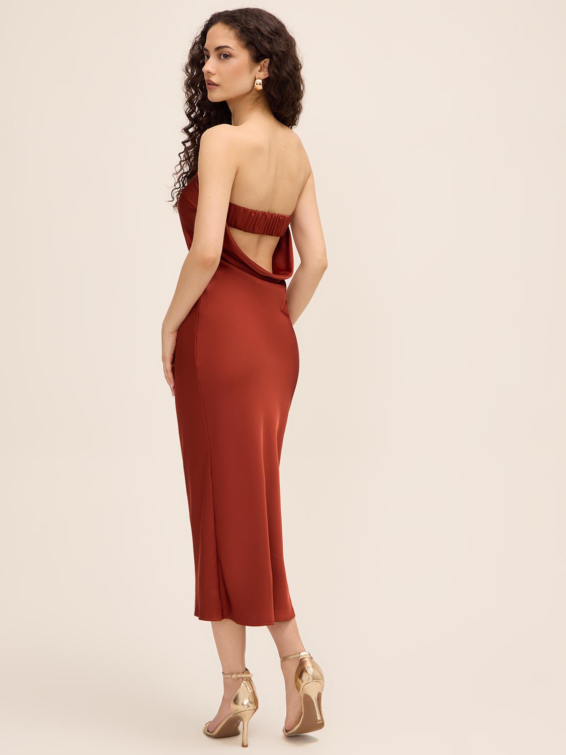 Rust Strapless Satin Midi Dress with Cowl Back - Woman Wearing Elegant Evening Dress - Le Chateau
