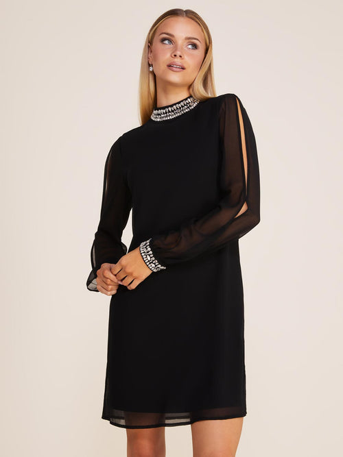 Jewelled Mock Neck Mini Chiffon Tunic Dress