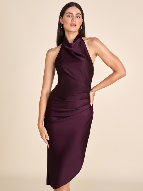 Draped Halter Neck Satin Midi Dress