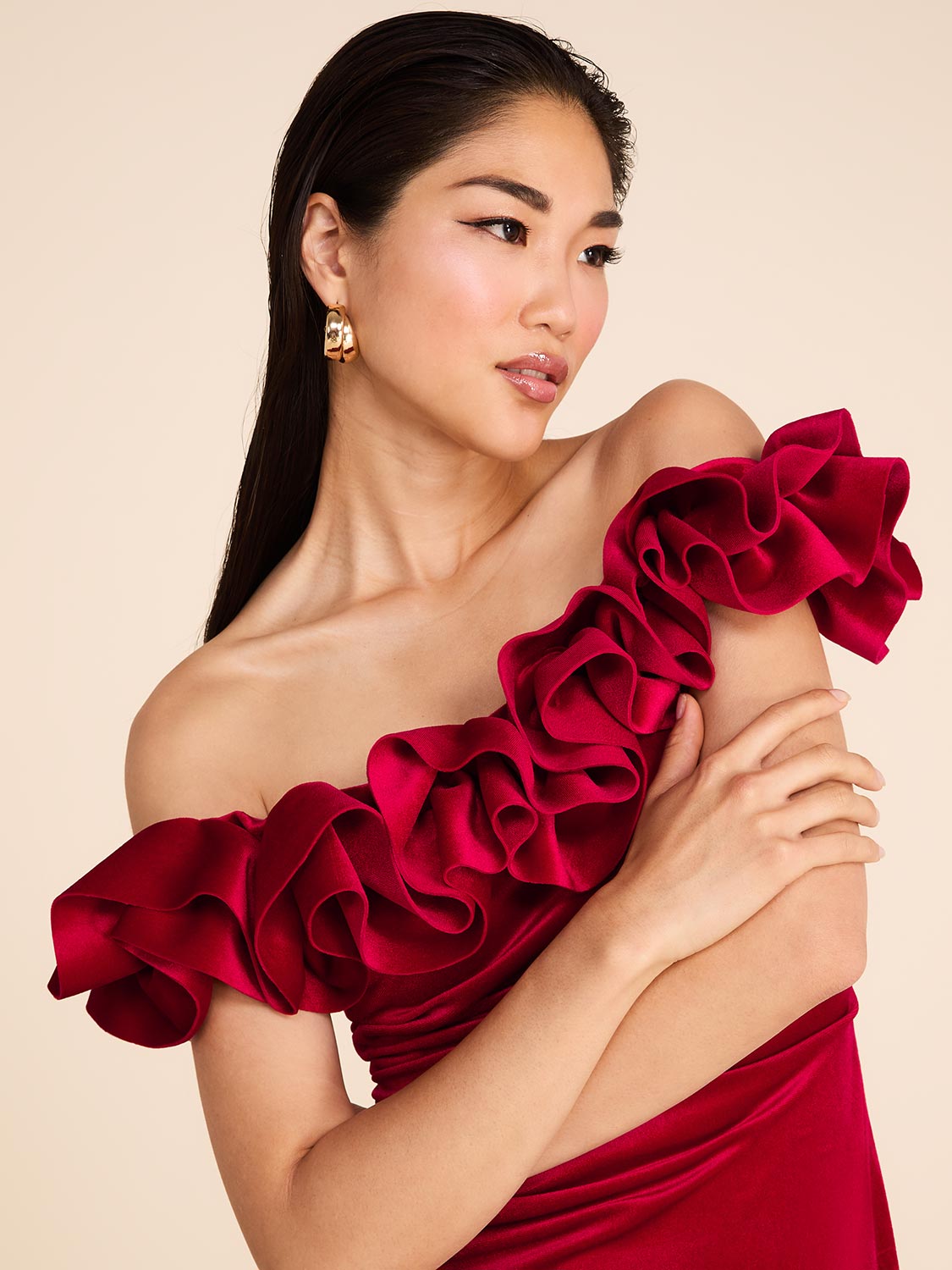 One-Shoulder Midi Dress - Rhinestone Trim | Le Chateau One-Shoulder Midi Dress - Rhinestone Trim | Le Chateau