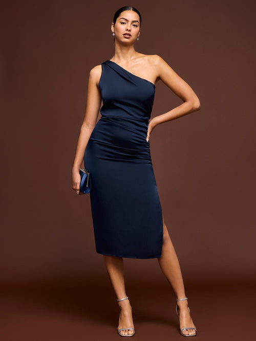 One-Shoulder Satin Midi Dress