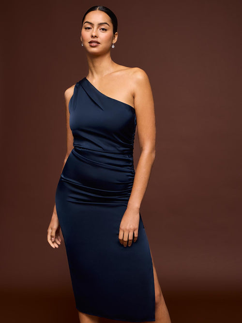 One-Shoulder Satin Midi Dress