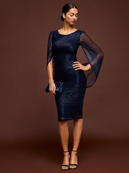 Metallic Crinkle Knit Sheath Dress With Cape