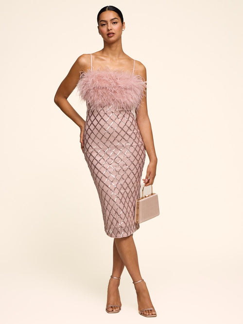 Sequin Midi Dress With Feather Trim