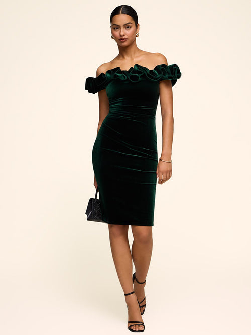 Off-The-Shoulder Velvet Dress With Rosette Ruffle