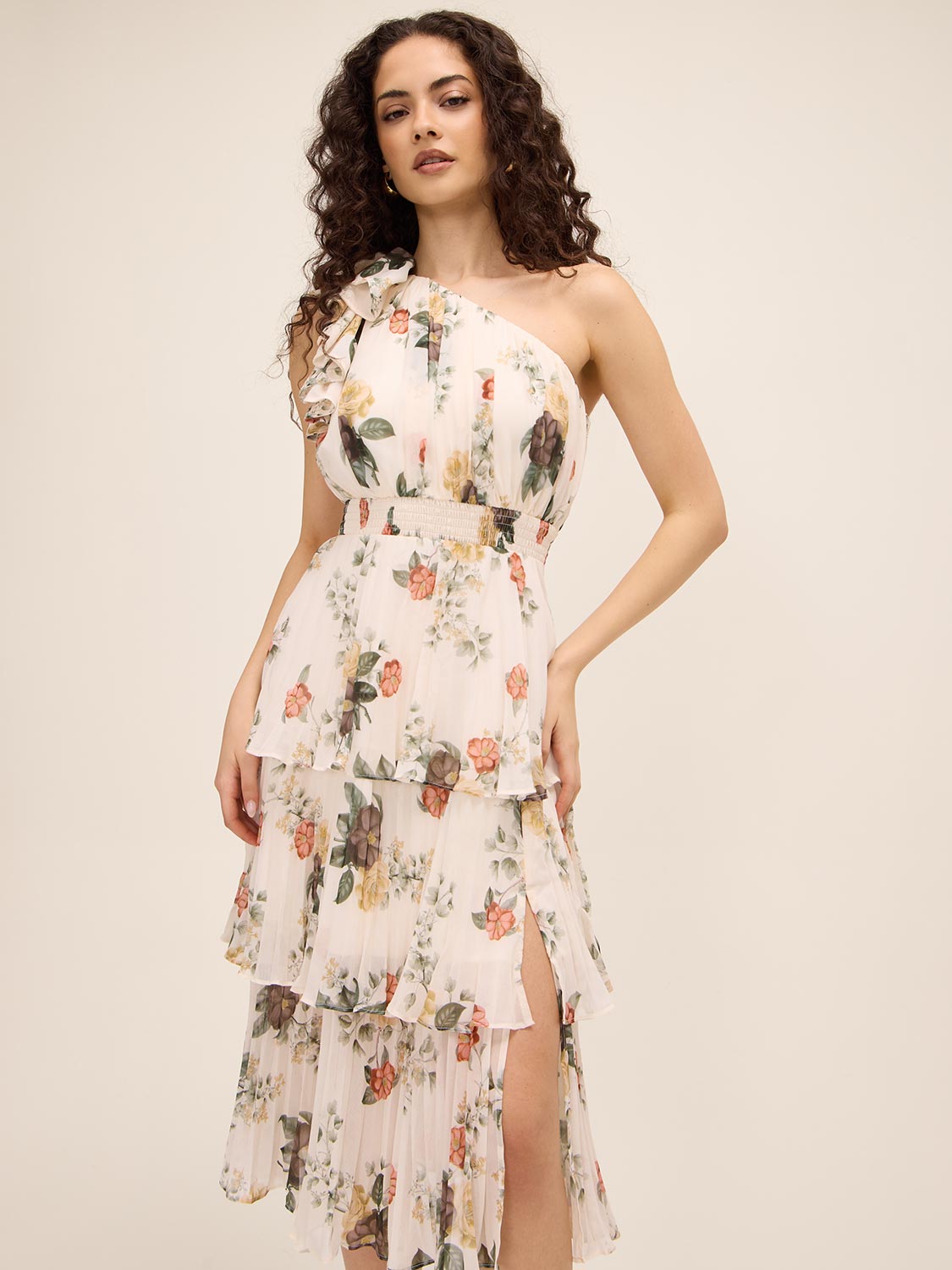 One-Shoulder Pleated Floral Dress | Le Chateau – Suzy Shier