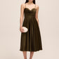 Khaki Satin Fit & Flare Dress with Cowl Neck - Woman Wearing Cocktail-Length Evening Dress - Le Chateau