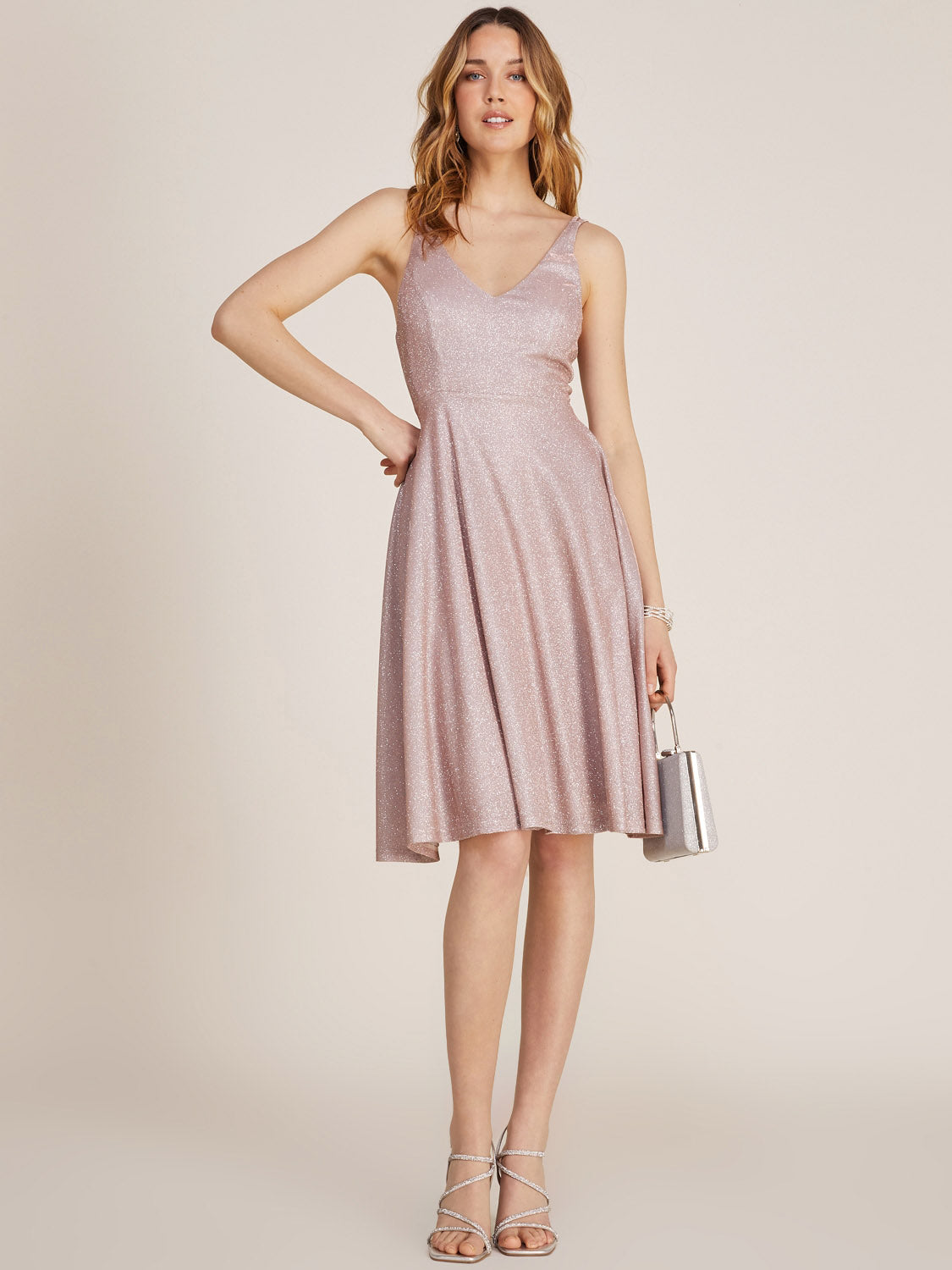 Glitter Knit V-Neck Fit & Flare Knee Length Dress