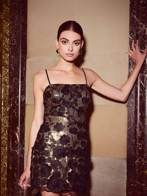 Sequin Mini Dress With Floral Appliqués