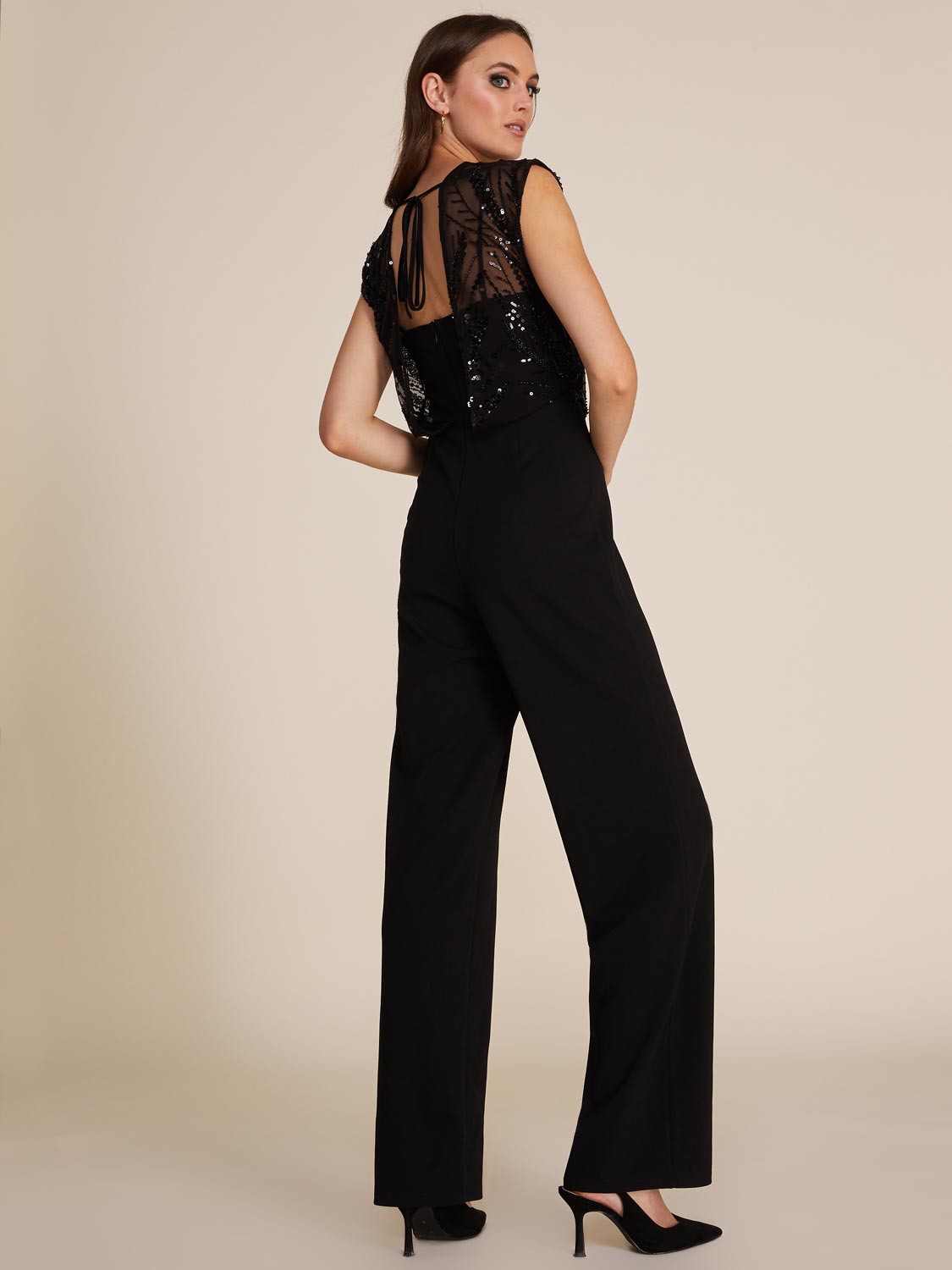 Le Chateau Illusion Sequin Top Straight Leg Jumpsuit Woman Black XX Small