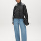 Black Vegan Leather Bomber Jacket with Funnel Neck - Front View - Suzy Shier