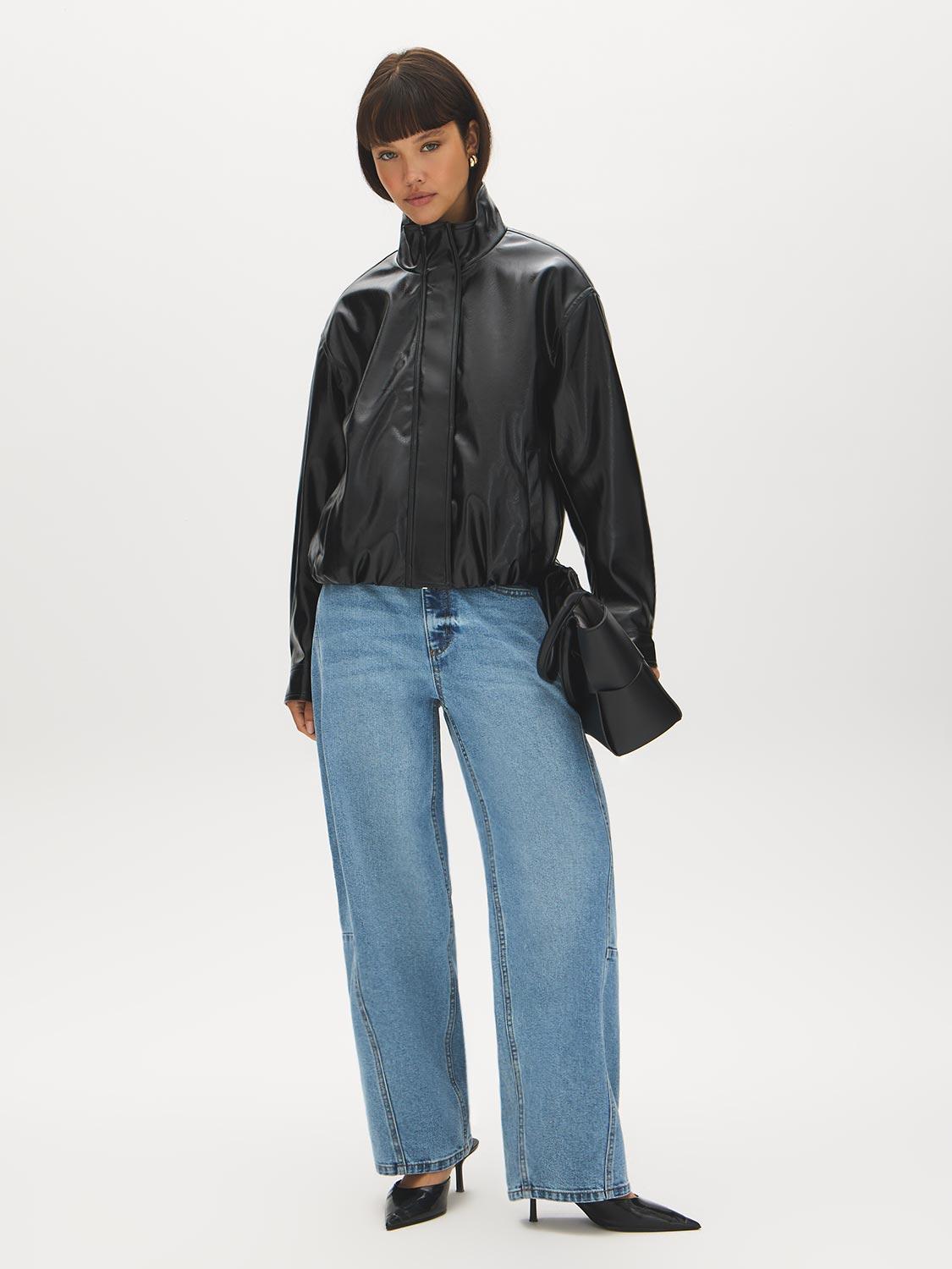 Black Vegan Leather Bomber Jacket with Funnel Neck - Front View - Suzy Shier