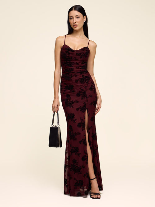 Mesh Gown With Velvet Florals