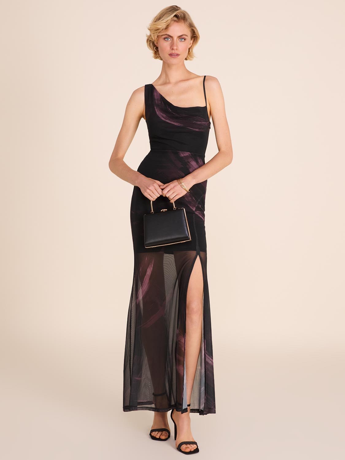 Abstract Print Cowl Neck Mesh Gown