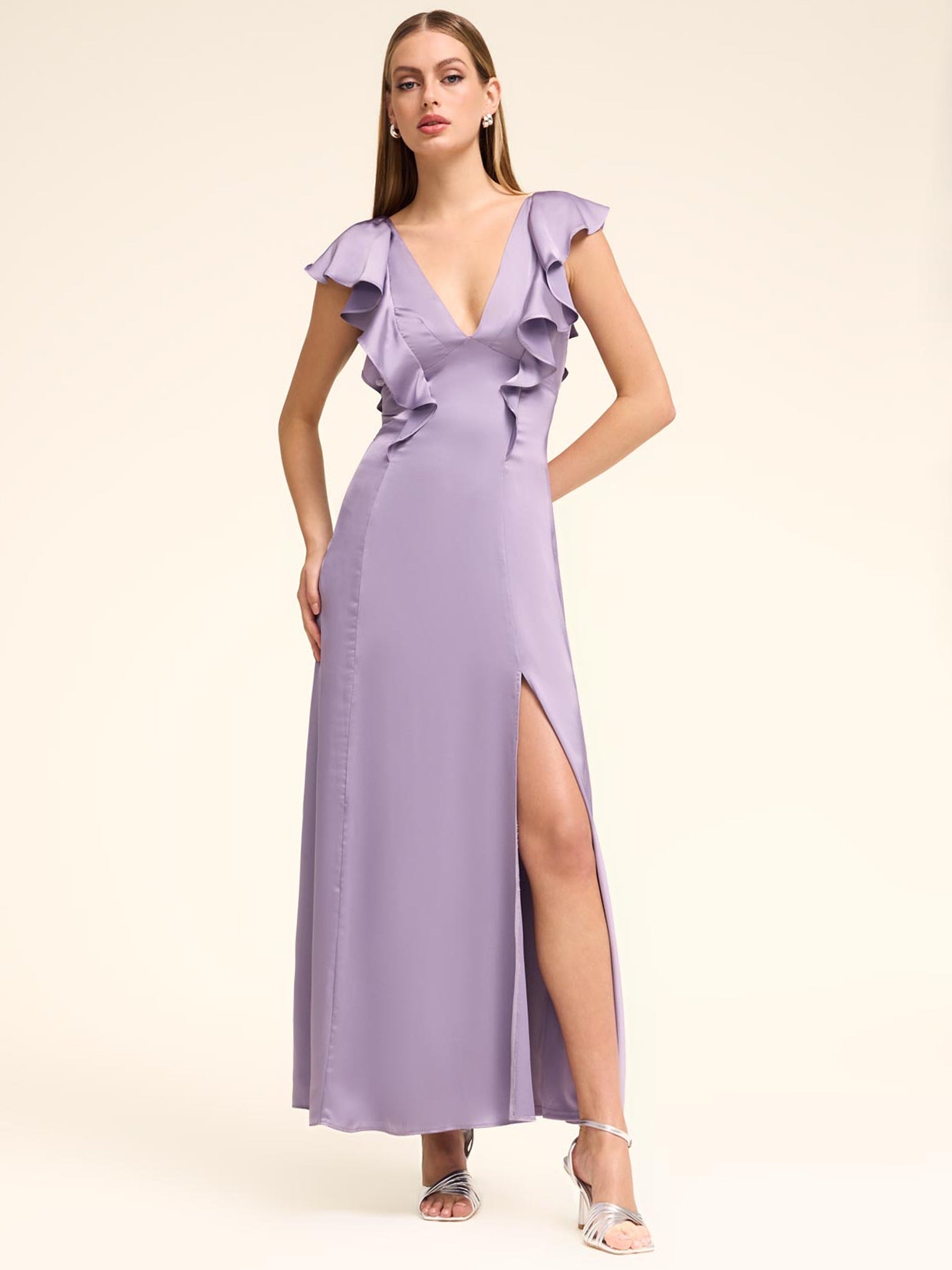 V-Neck Satin Dress With Ruffles Le Chateau – Suzy Shier