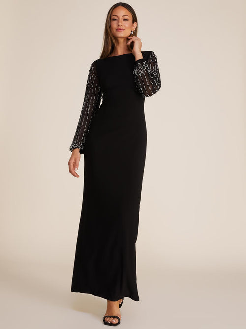 Boat Neck Gown With Jewelled Long Sleeves