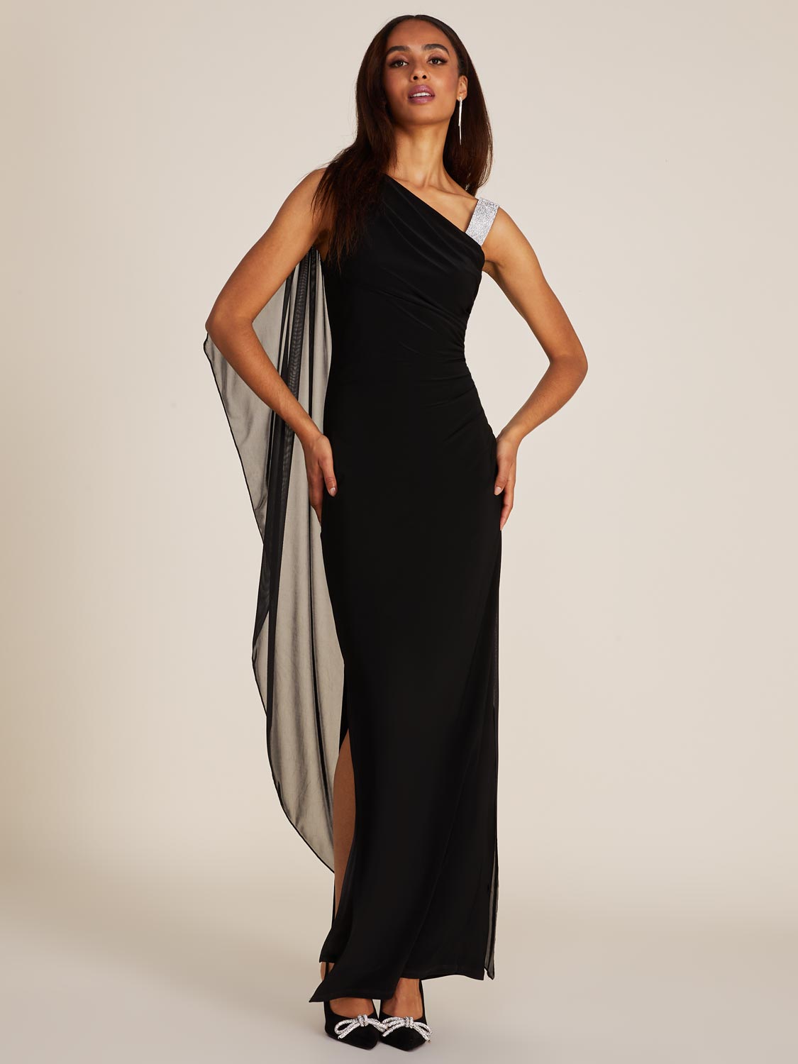One-Shoulder Gown With Chiffon Cape
