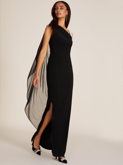 One-Shoulder Gown With Chiffon Cape