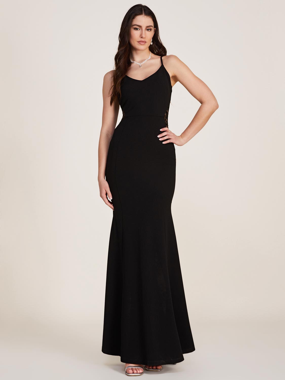 Spaghetti Strap Fitted Gown With Lace Details