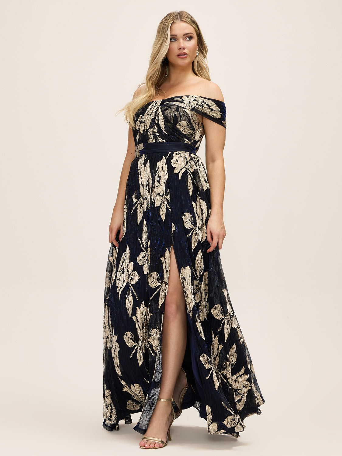 Dark Sapphire/Gold Off-Shoulder Metallic Crinkle Gown - Woman Wearing Evening Dress with Twist Front Detail - Le Chateau