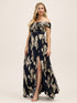 Dark Sapphire/Gold Off-Shoulder Metallic Crinkle Gown - Woman Wearing Evening Dress with Twist Front Detail - Le Chateau