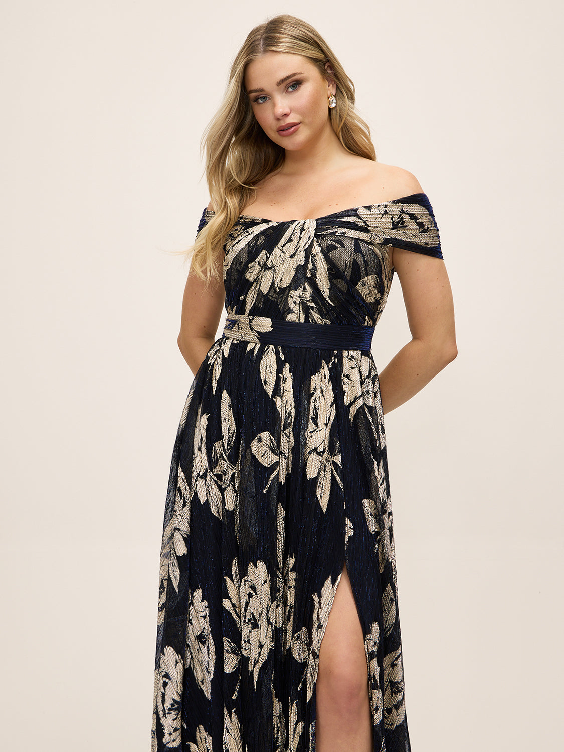 Dark Sapphire/Gold Off-Shoulder Metallic Crinkle Gown - Woman Wearing Evening Dress with Twist Front Detail - Le Chateau