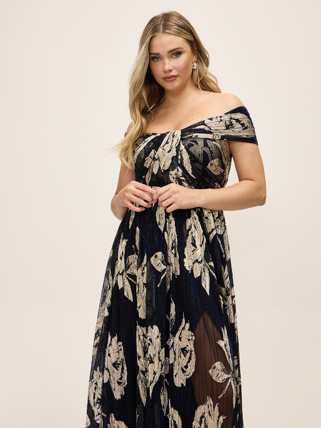 Dark Sapphire/Gold Off-Shoulder Metallic Crinkle Gown - Woman Wearing Evening Dress with Twist Front Detail - Le Chateau