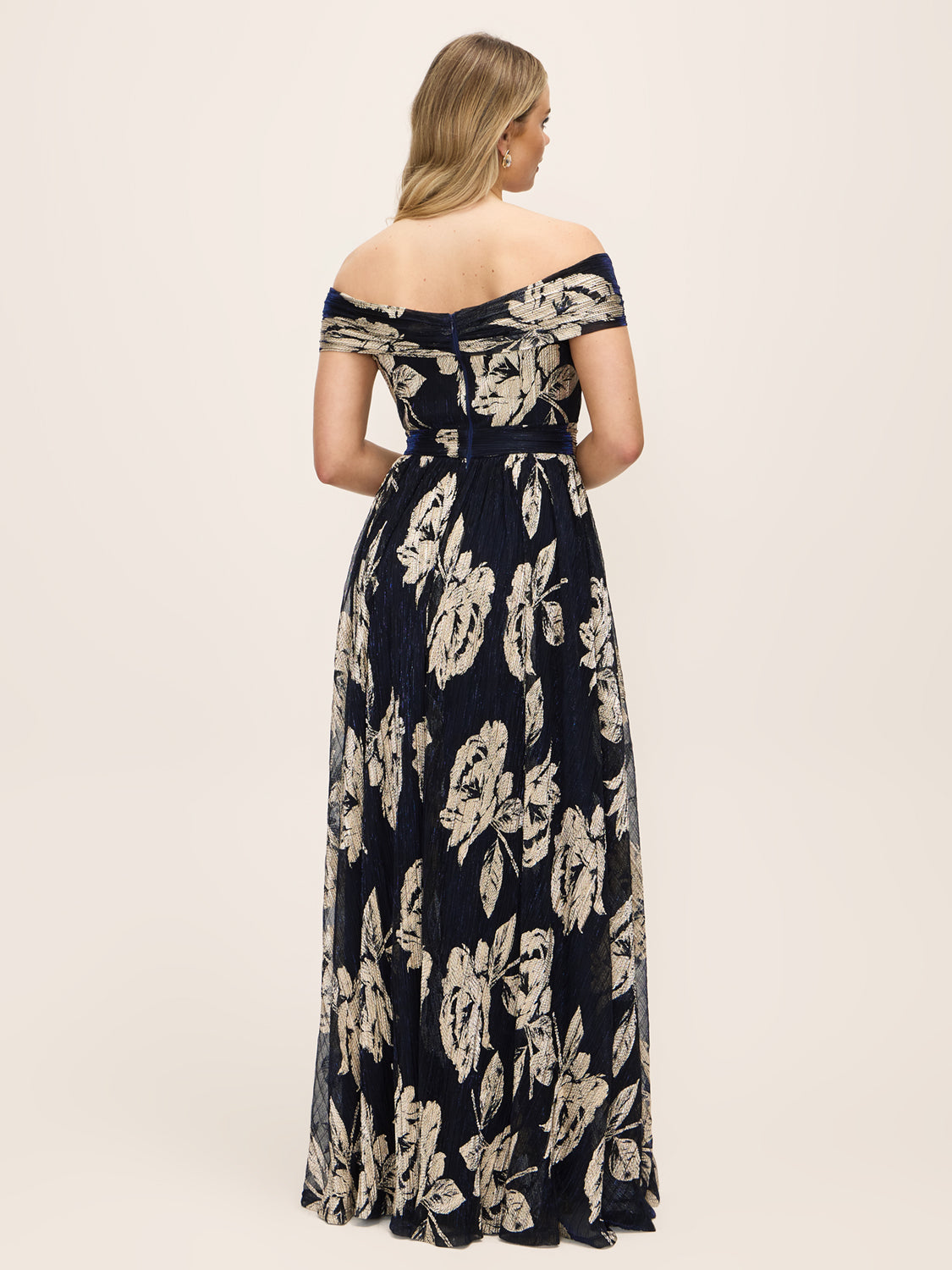 Dark Sapphire/Gold Off-Shoulder Metallic Crinkle Gown - Woman Wearing Evening Dress with Twist Front Detail - Le Chateau