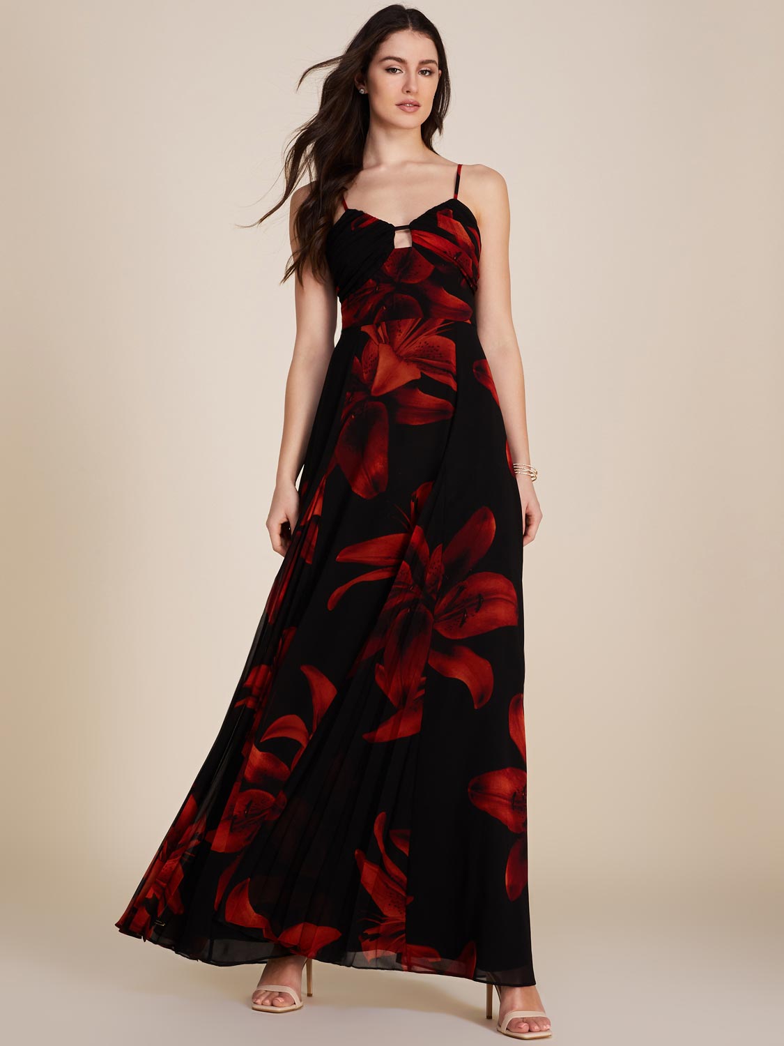 Printed Chiffon Gown With Front Cutout