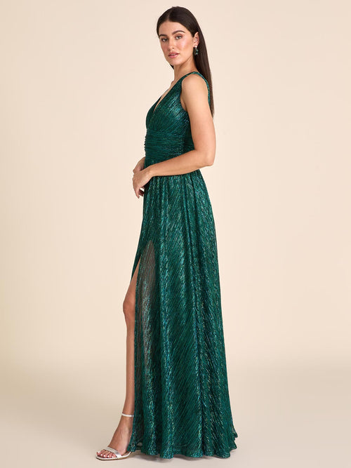 V-Neck Metallic Crinkle Knit Gown