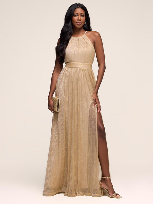 Halter Neck Metallic Crinkle Knit Gown