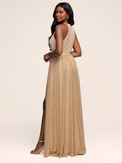 Halter Neck Metallic Crinkle Knit Gown