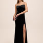 Black Velour Gown with Satin Bow - Woman Wearing Elegant Evening Dress with Front Slit - Le Chateau