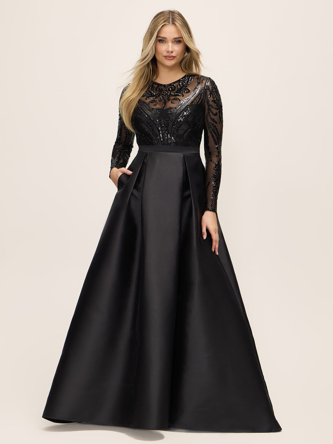 Black Sequin Mesh Ballgown with Satin Twill Skirt - Woman Wearing Floor-Length Evening Dress - Le Chateau