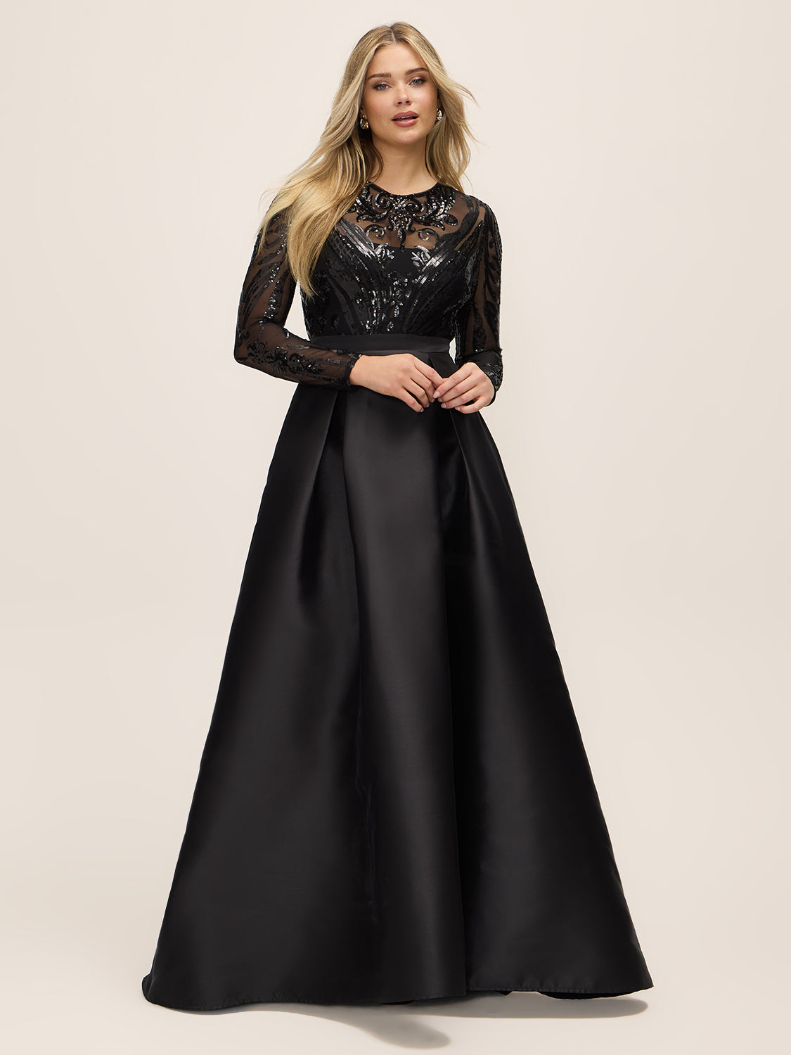 Black Sequin Mesh Ballgown with Satin Twill Skirt - Woman Wearing Floor-Length Evening Dress - Le Chateau