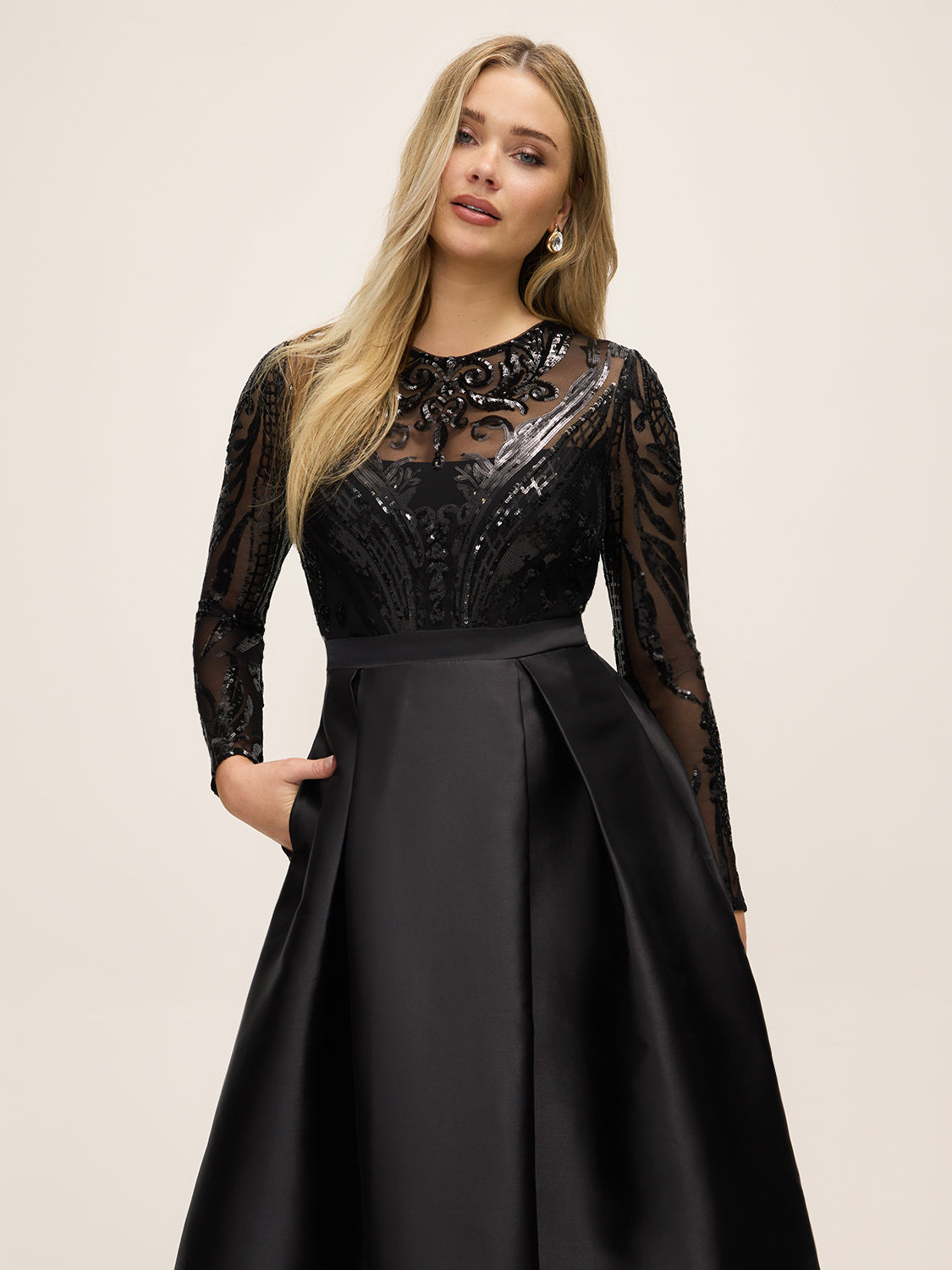 Black Sequin Mesh Ballgown with Satin Twill Skirt - Woman Wearing Floor-Length Evening Dress - Le Chateau