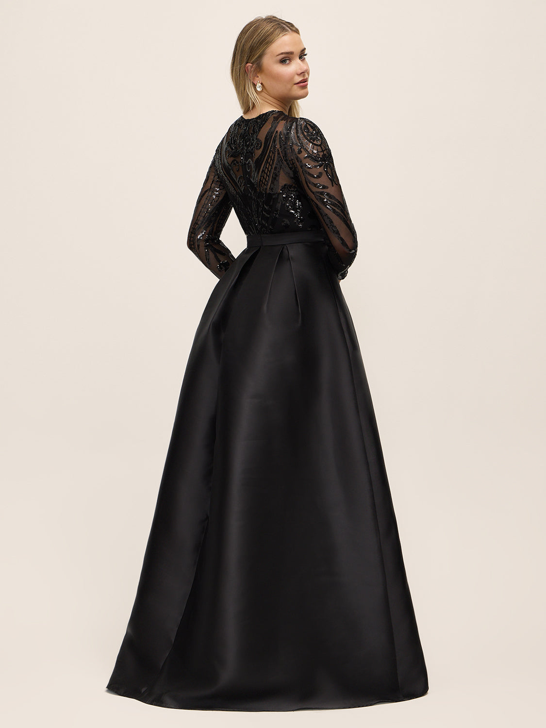 Black Sequin Mesh Ballgown with Satin Twill Skirt - Woman Wearing Floor-Length Evening Dress - Le Chateau