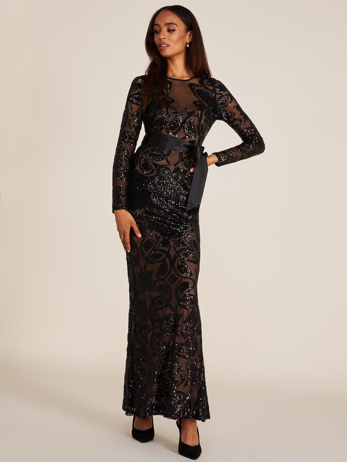 Illusion Long Sleeve Sequin On Mesh Gown